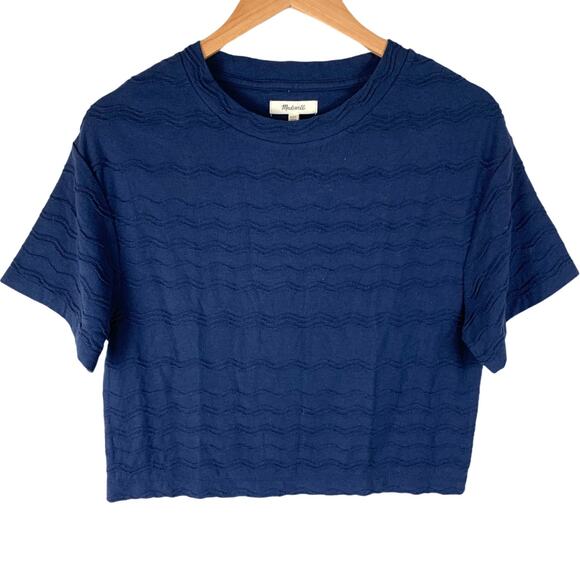 NWT Madewell Scallop Stripe Top Navy Blue Textured Dolman Sleeve T Shirt XXS - Picture 1 of 8